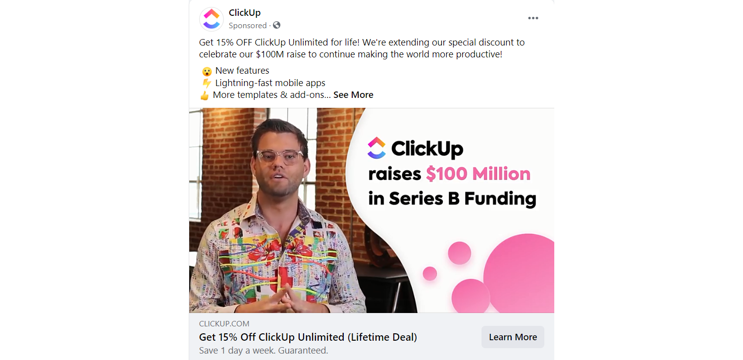 Επιτυχημένο παράδειγμα διαφήμισης από την Clickup και σωστής χρήσης Facebook ad CTA.